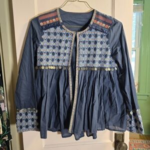 Anthropologie Embroidered And Medallion Blue Women's Jacket Size Medium
